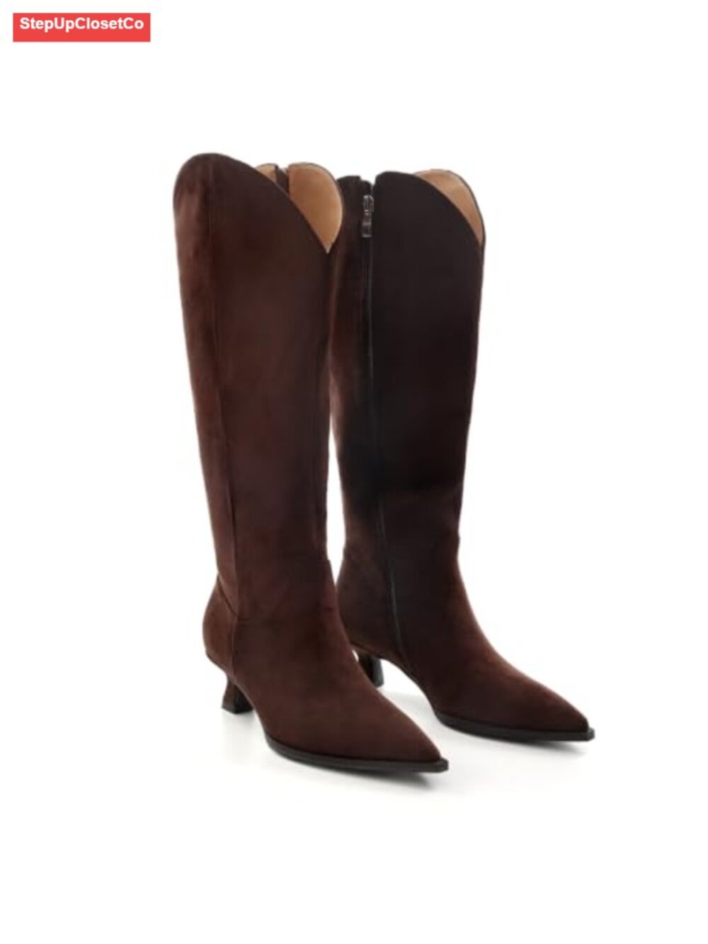 Faux Suede Knee High Kitten Heel Pointed Toe Boots Wide Calf Zip Commute